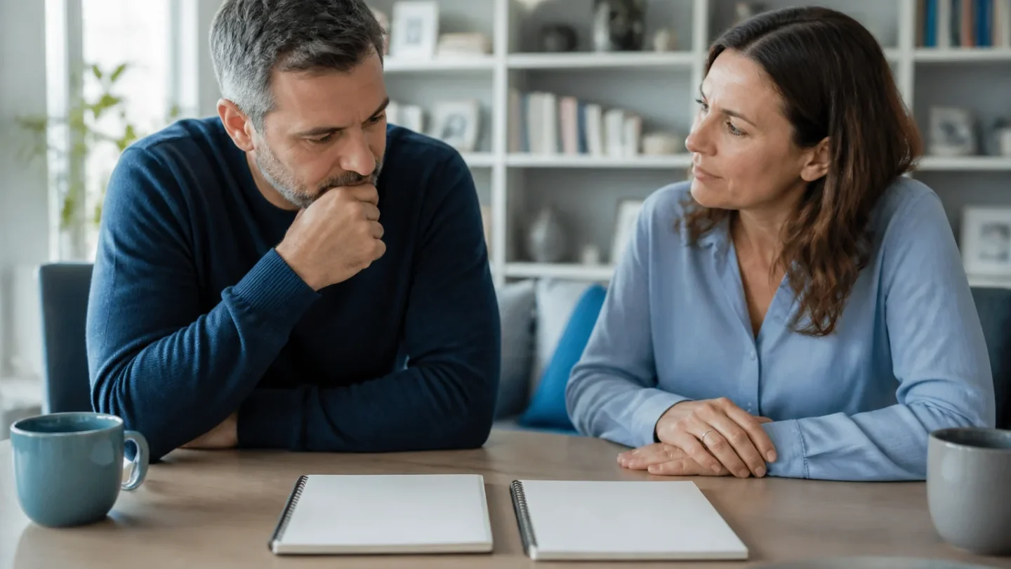 Two adults comparing two blank notebooks during a thoughtful conversation