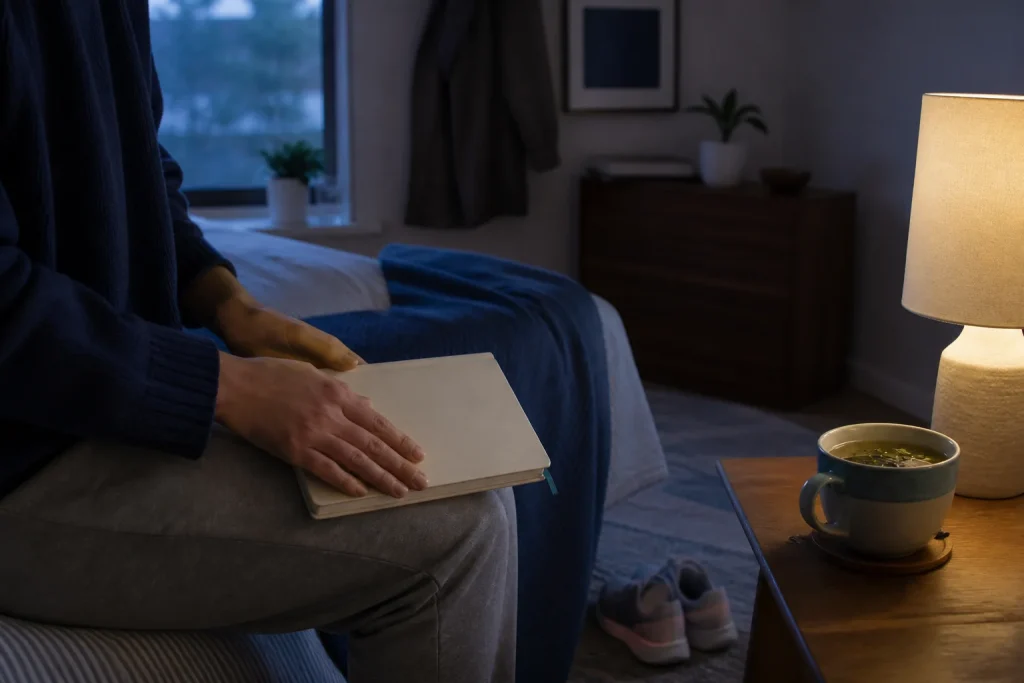 An evening journal beside tea and walking shoes