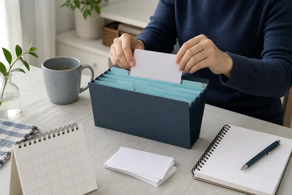 Blank cards being organized into a personal information folder