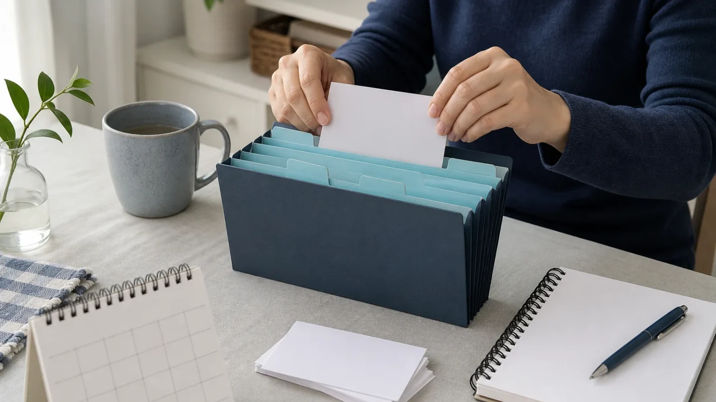 Blank cards being organized into a personal information folder