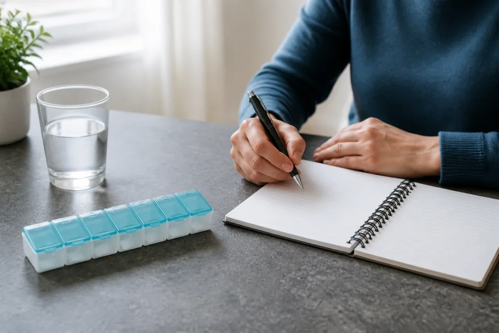 A notebook beside an unlabeled weekly pill organizer and glass of water