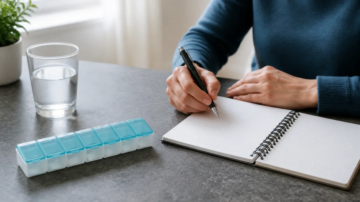 A notebook beside an unlabeled weekly pill organizer and glass of water