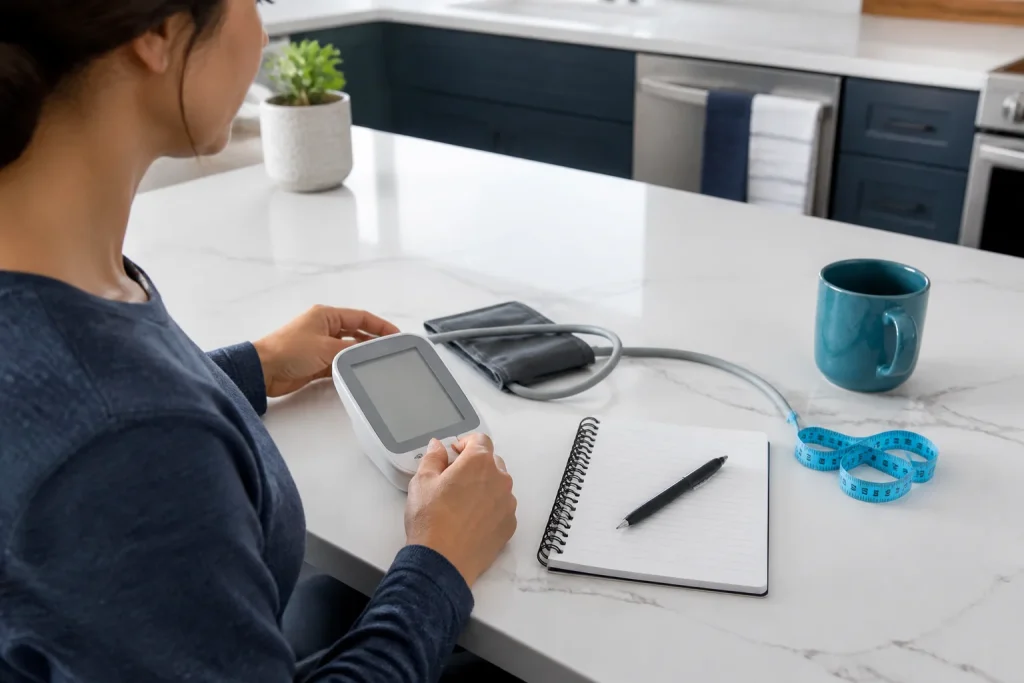An adult reviewing a blank home monitor beside a notebook
