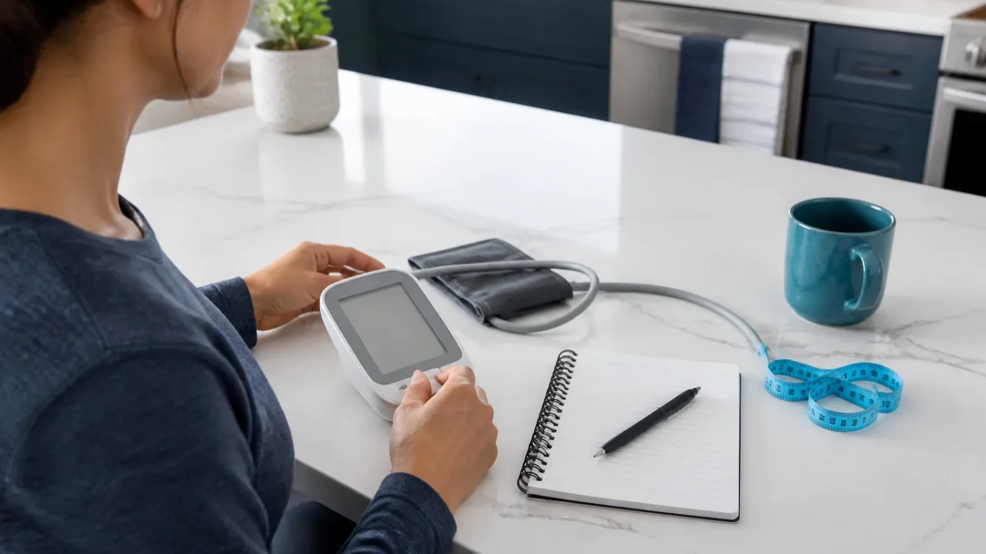 An adult reviewing a blank home monitor beside a notebook