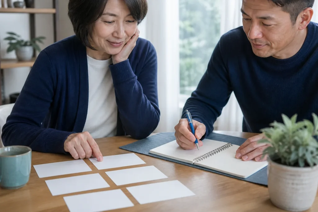 Two adults organizing blank question cards and a notebook