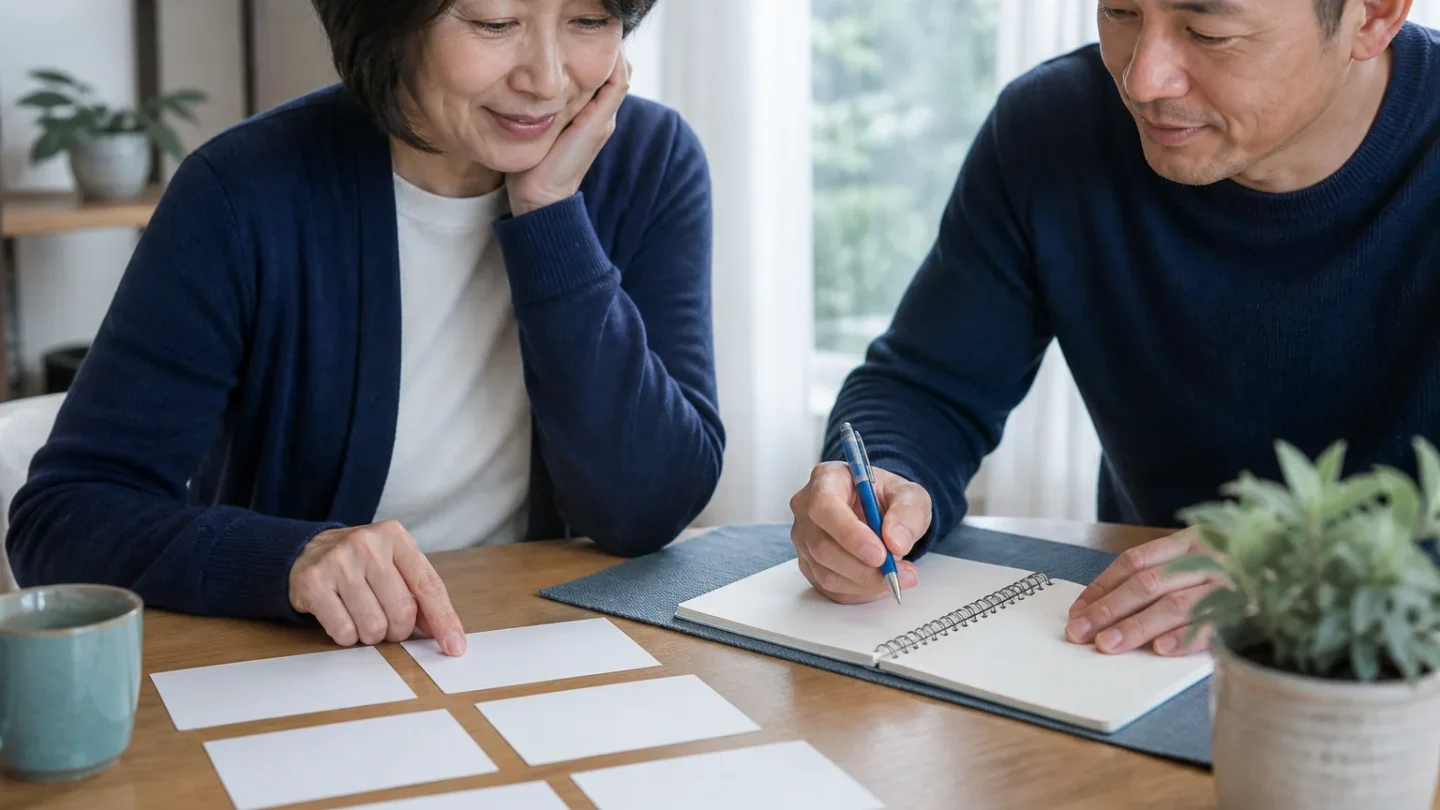 Two adults organizing blank question cards and a notebook