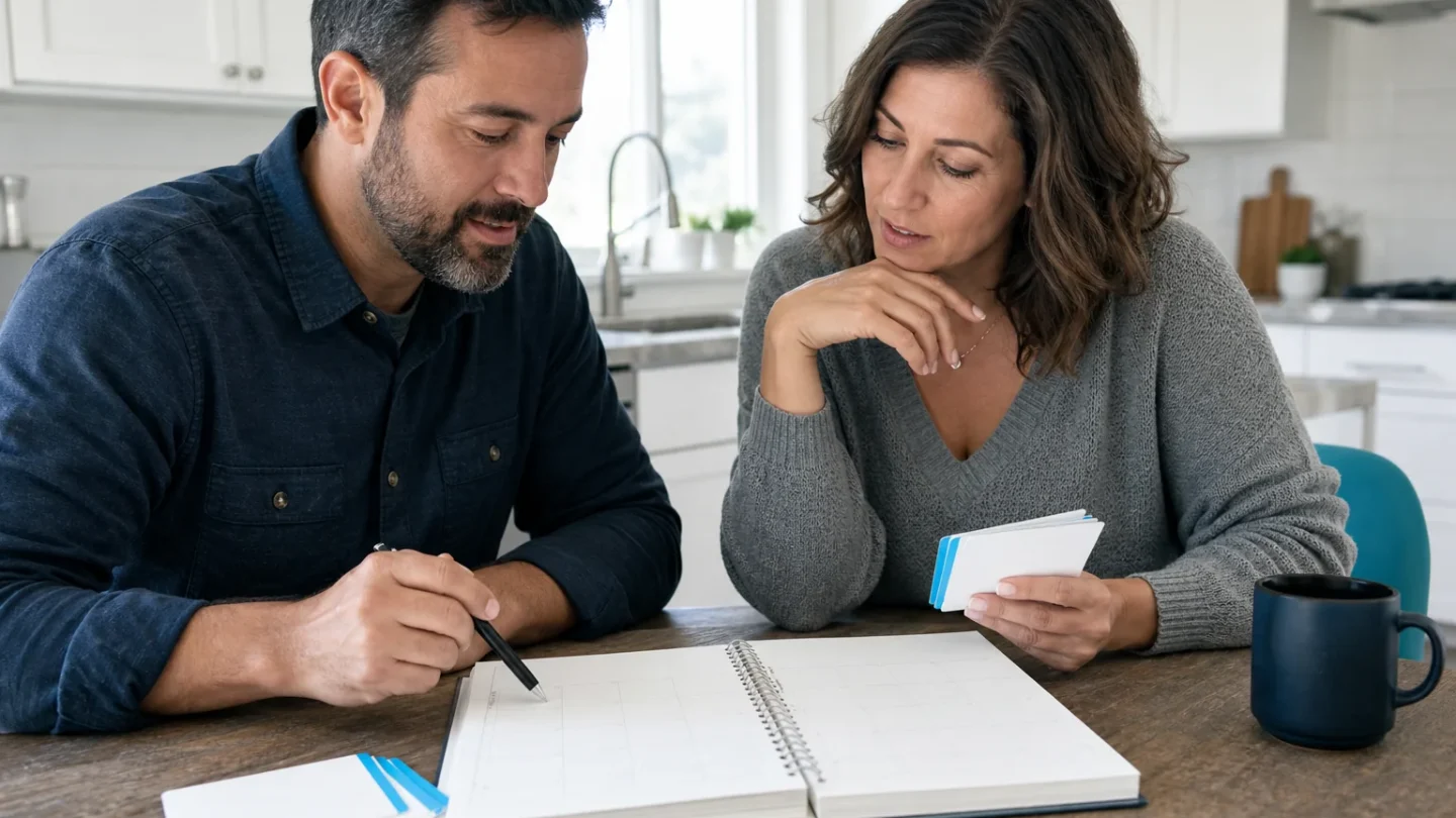 Two adults discussing a blank yearly planner at home
