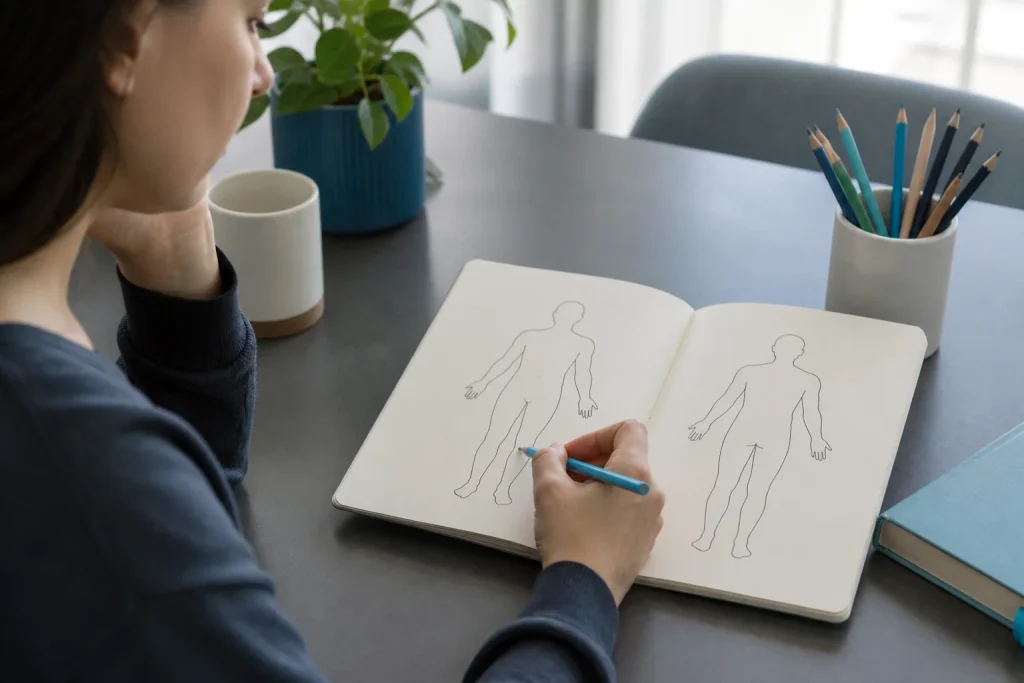 A person using a simple body outline to organize what they noticed