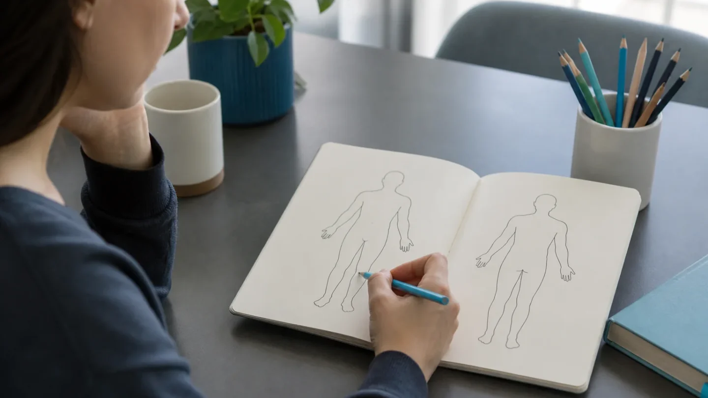 A person using a simple body outline to organize what they noticed