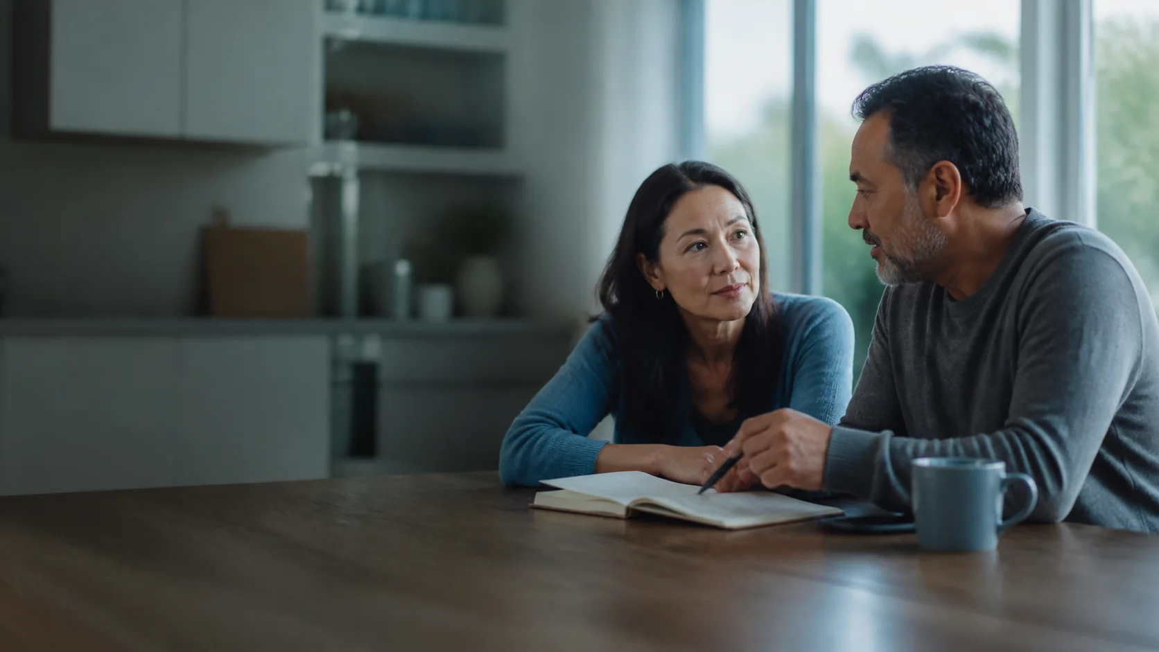 Two adults organizing questions together at a home table