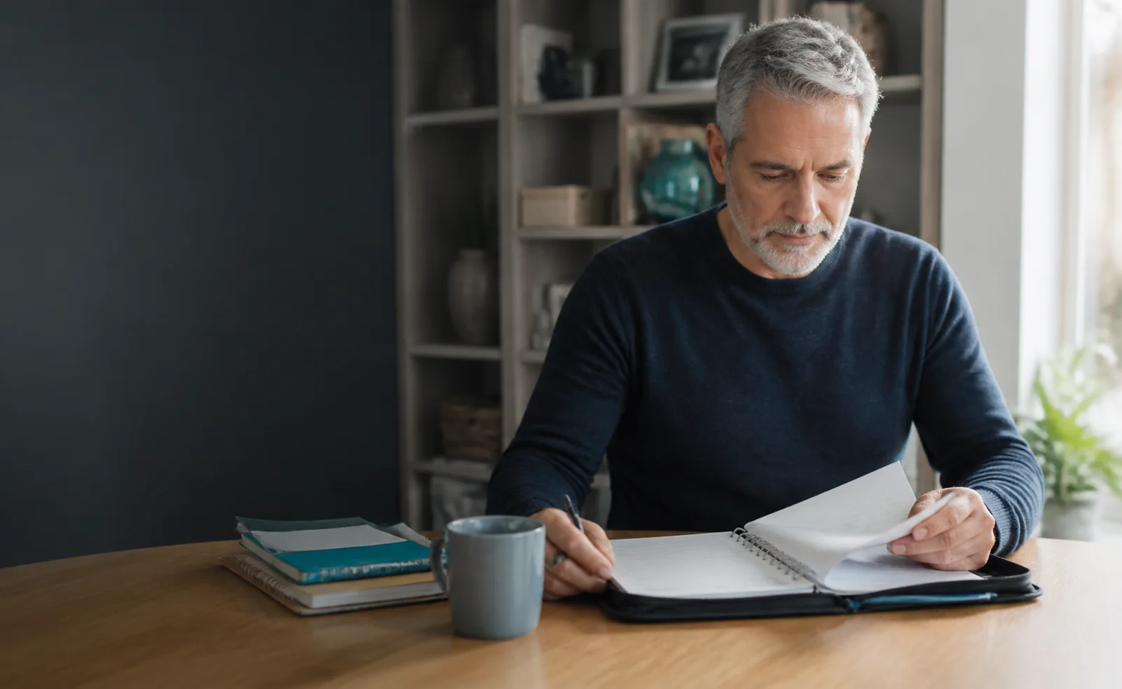 An adult organizing health questions and notes at home