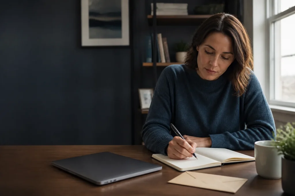 An adult writing an editorial question in a notebook