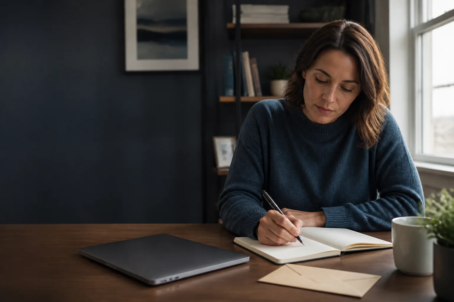 An adult writing an editorial question in a notebook