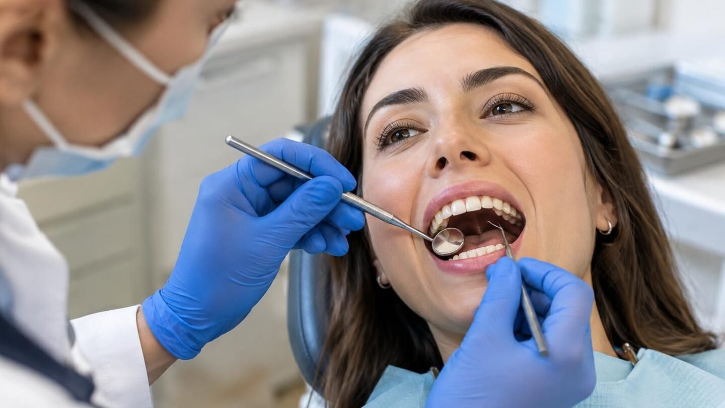 Dentist examines patient’s mouth with mirror and probe
