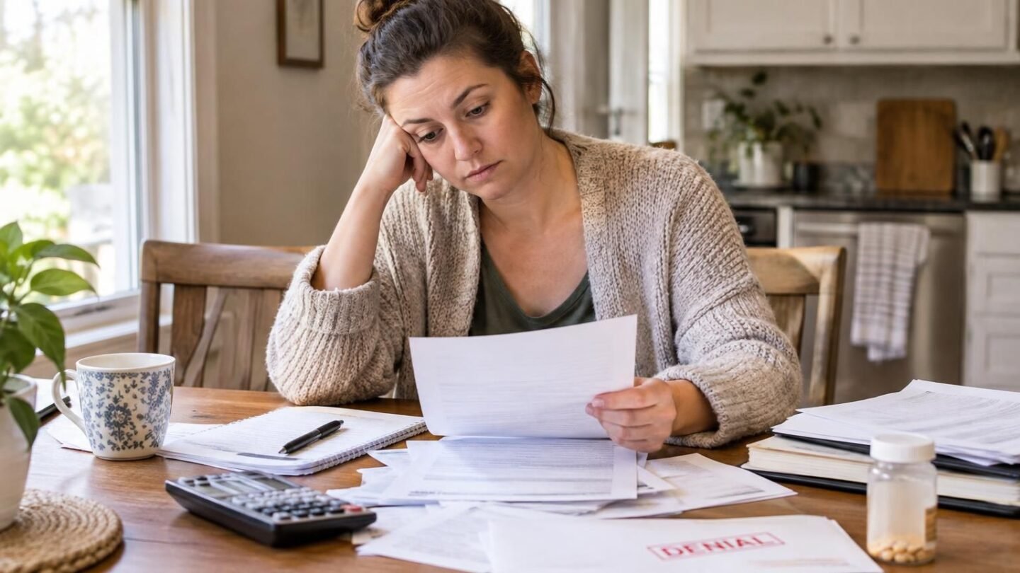 Woman reviews denial letter with calculator and papers