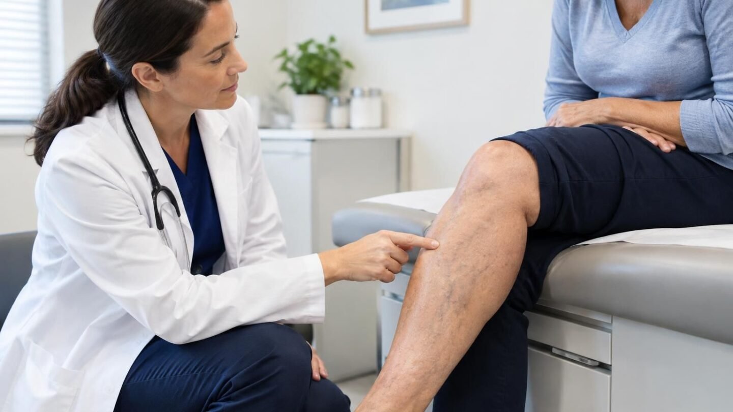 Doctor examines a patient’s leg veins in clinic
