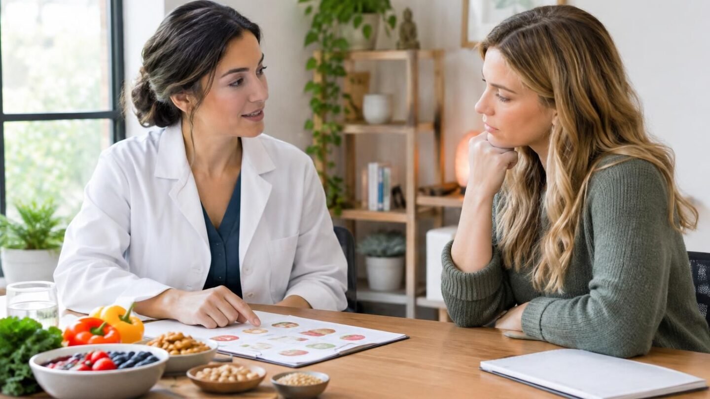 Doctor discusses food allergy chart with patient at a table