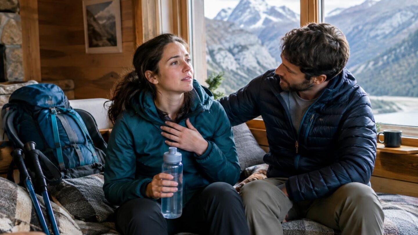 Hikers in a cabin, one holding water and feeling unwell