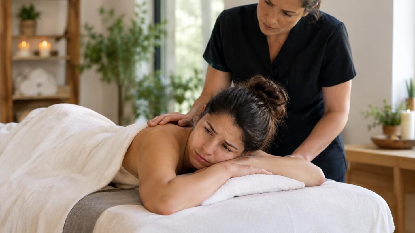 Massage therapist works on a client lying on a table