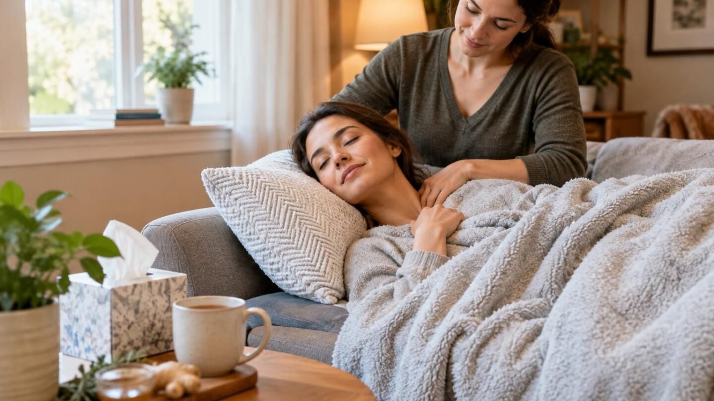 Woman receives shoulder massage while resting under a blanket