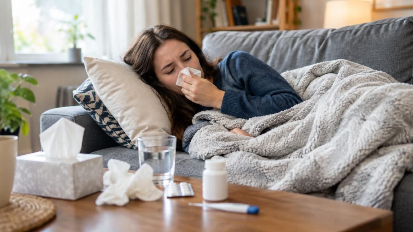 Woman resting on couch with tissues, blanket, and medicine