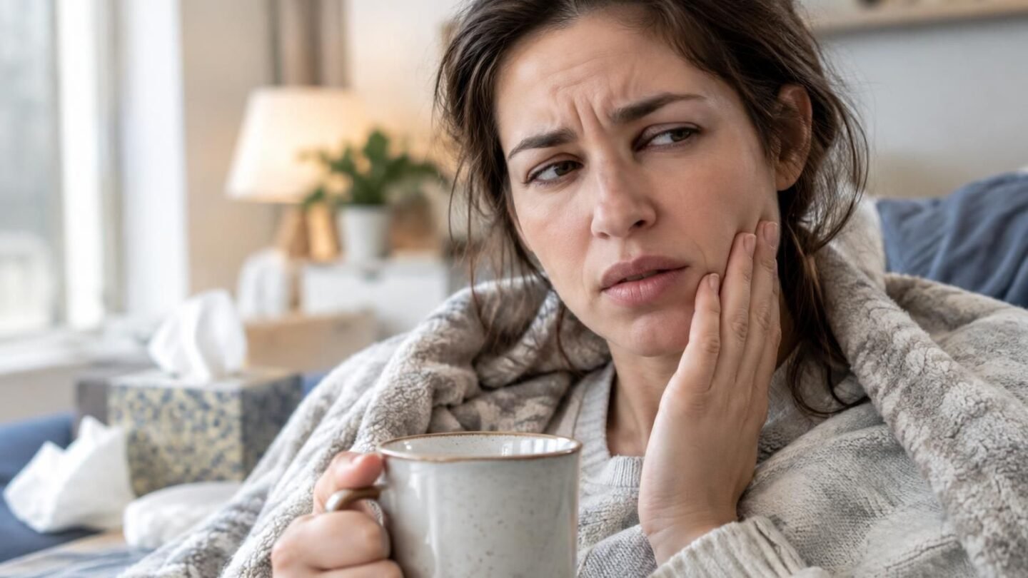 Woman in blanket holding mug and touching her cheek