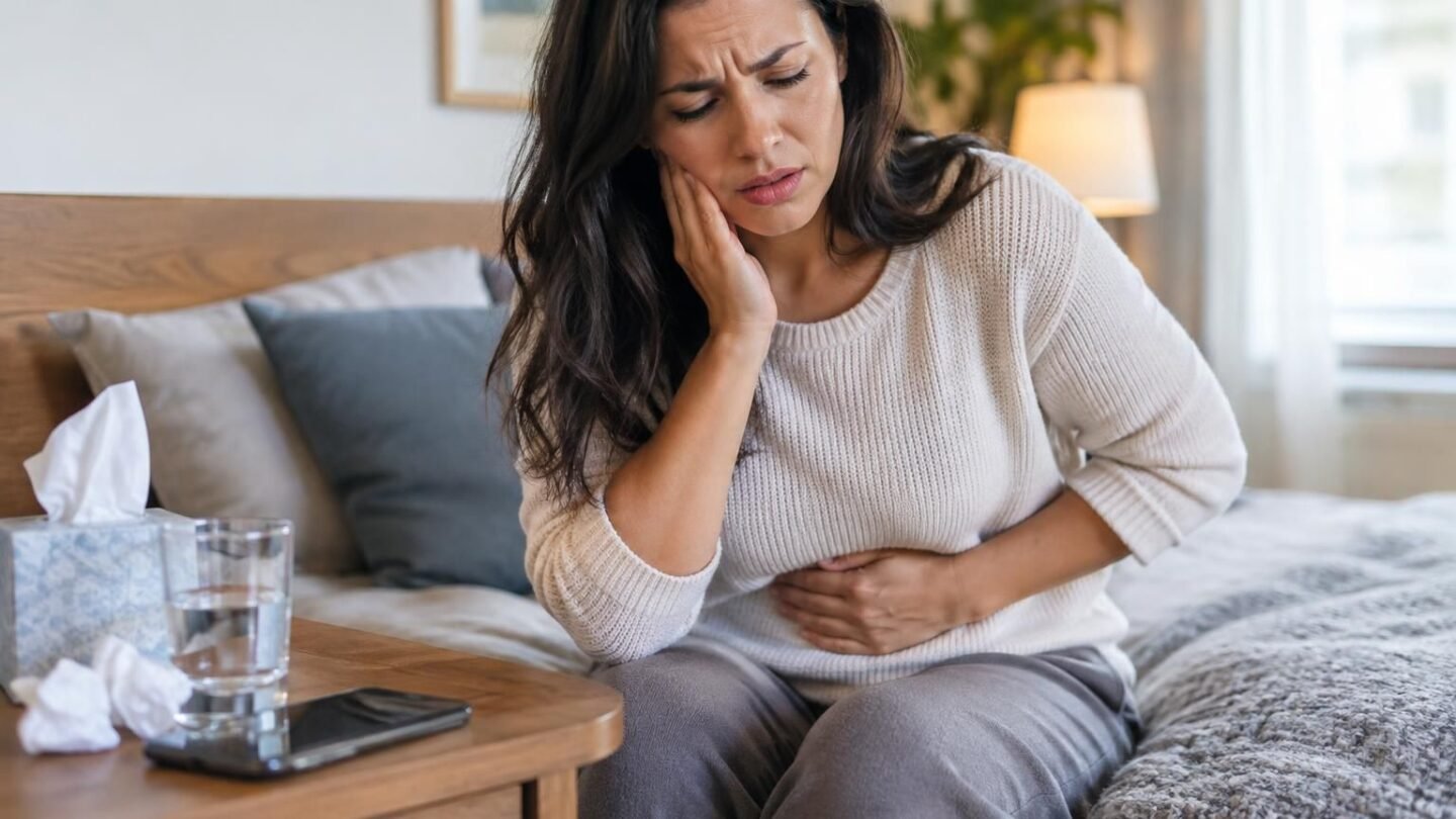 Woman holds her cheek and stomach beside tissues and a water glass