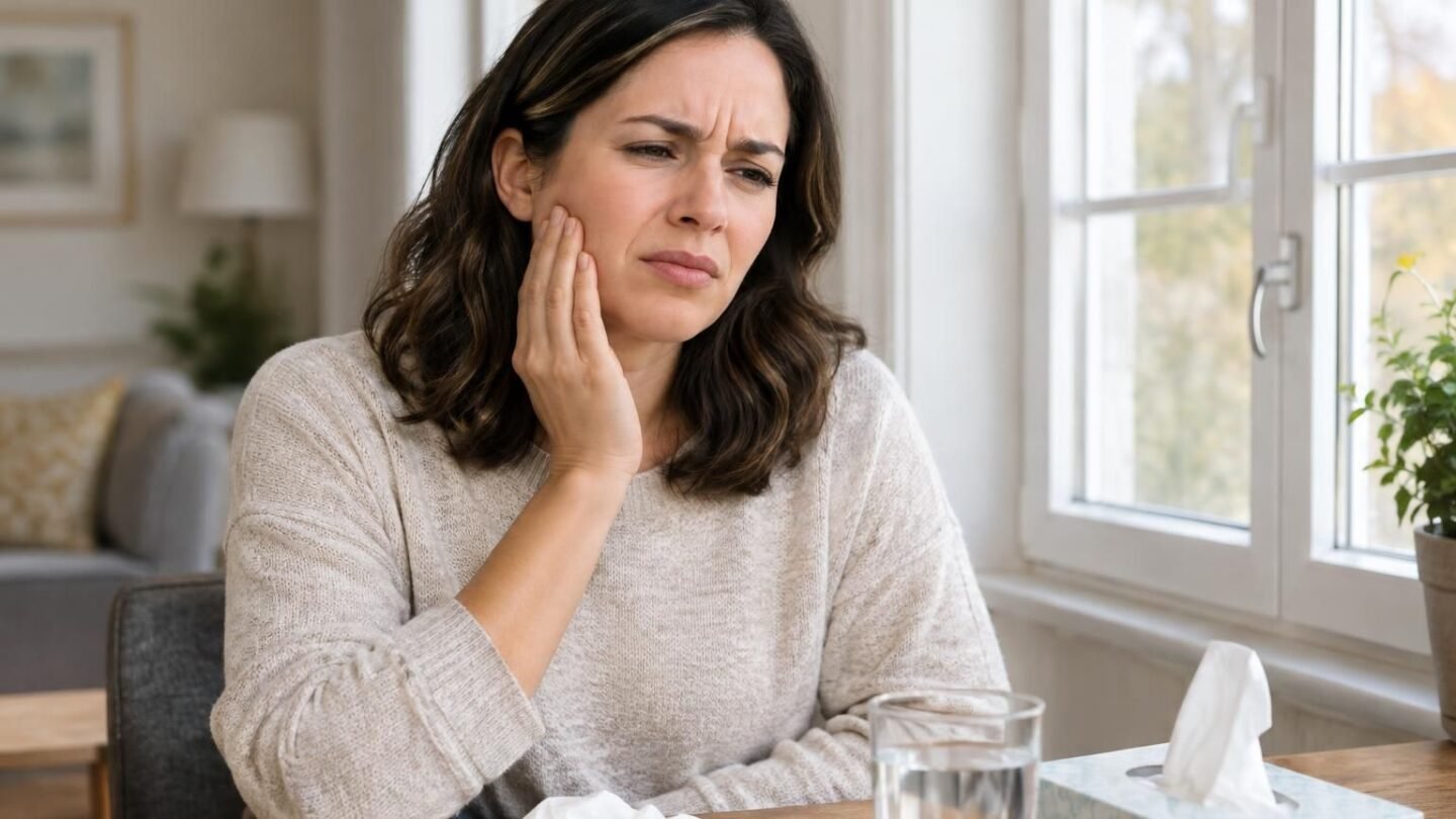 Woman holding her cheek near a tissue box and water glass