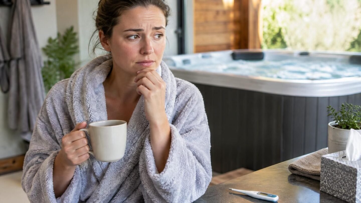 Woman in robe holds mug beside a hot tub and thermometer