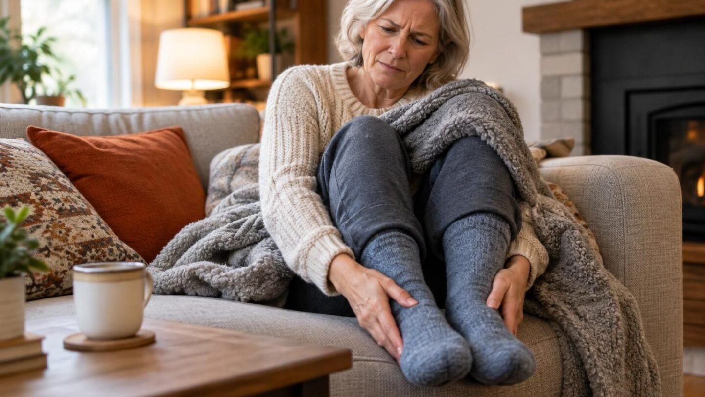 Older woman rubs cold feet on a living room sofa