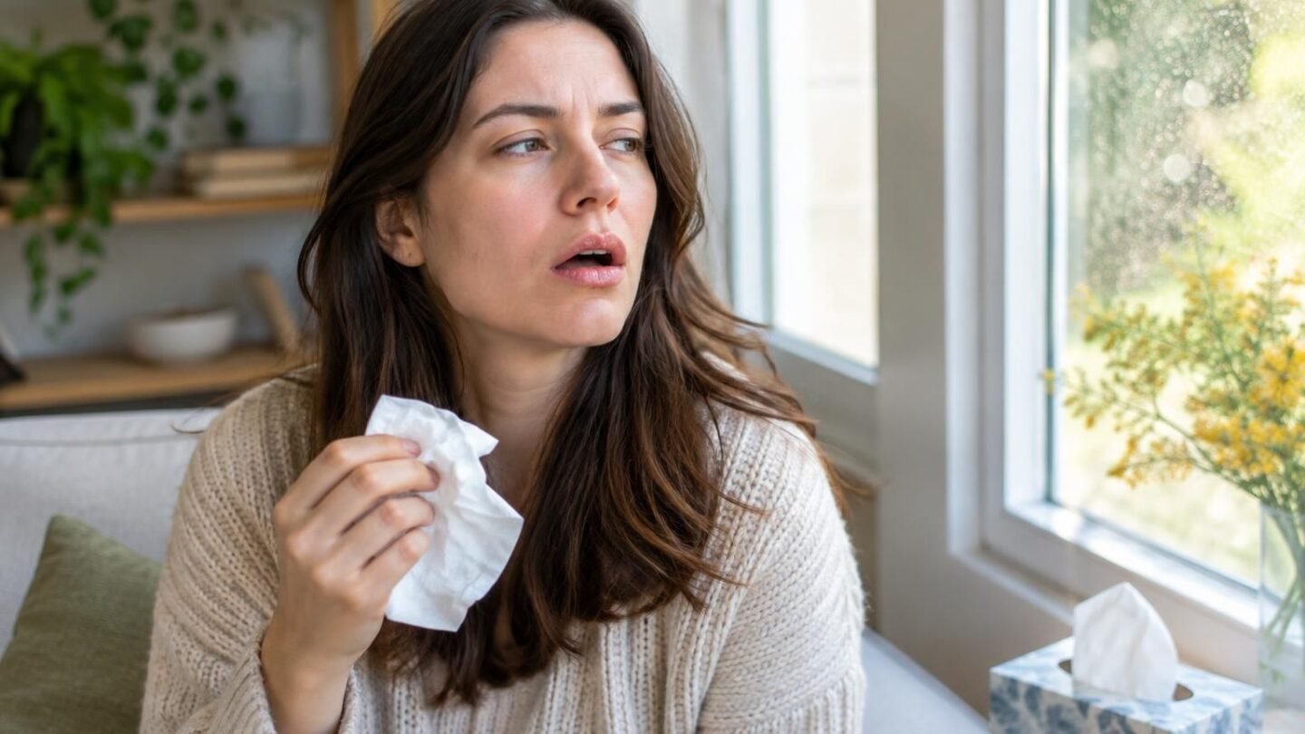 Woman holding tissue near a window, looking uncomfortable