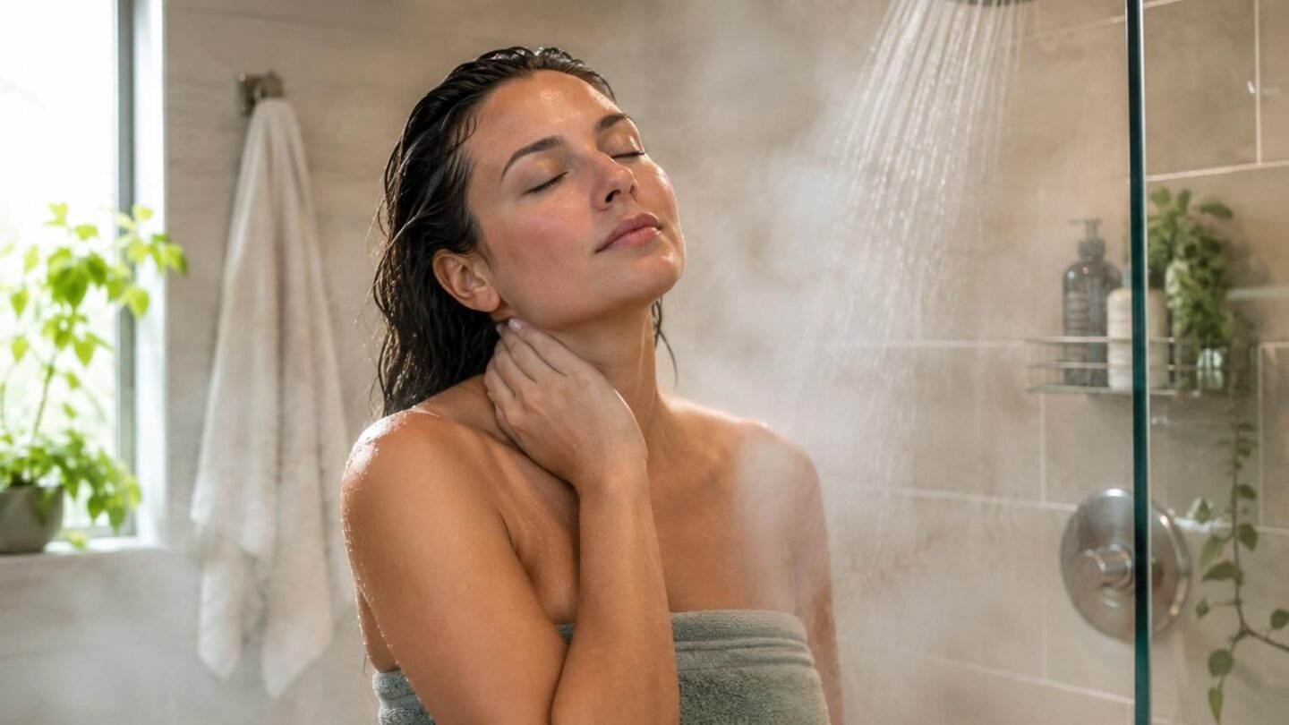 Woman relaxes under a warm shower with steam